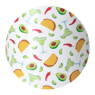 Round pillow with taco, avocado, and margarita pattern on a white background