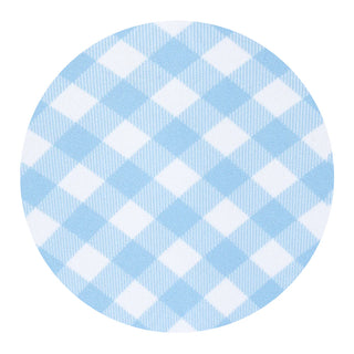 Round blue and white checkered fabric swatch on a white background