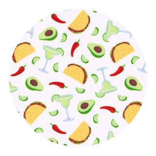 Round white plate with colorful taco, avocado, and chili pepper pattern on a white background