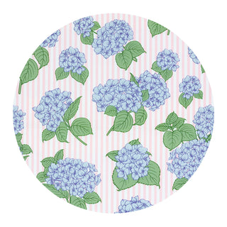Circular design with blue hydrangea flowers and green leaves on a pink striped background