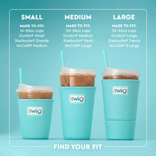 Three turquoise Swig cups with different sizes labeled on a teal background
