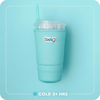 A light blue insulated travel tumbler with a clear lid and straw, featuring a white Swig logo on the front, set against a matching light blue background with a white rounded border and the text 'COLD 2+ HRS' at the bottom.