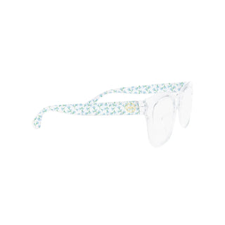 Clear sunglasses with a floral pattern on the arm against a white background