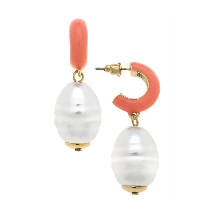 Rhea Pearl Coral Huggie Hoop Earrings