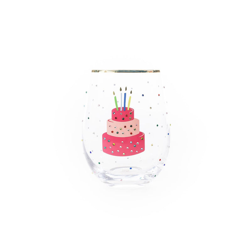 Rhinestone Bday Cake Stemless Wine Glass