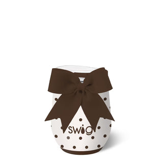 White polka dot tumbler with brown bow and 'swig' logo on a white background