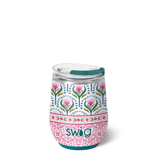 A SWOOL insulated tumbler with a colorful floral and geometric pattern, featuring a teal lid and base on a white background.