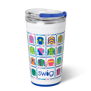 White tumbler with colorful shirt pattern and blue lid on a white background