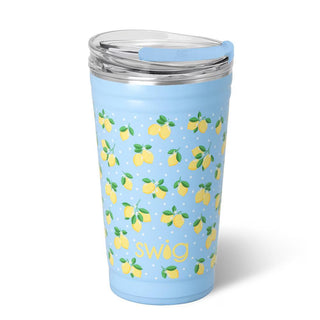 Blue tumbler with lemon pattern and 'swig' branding on a white background