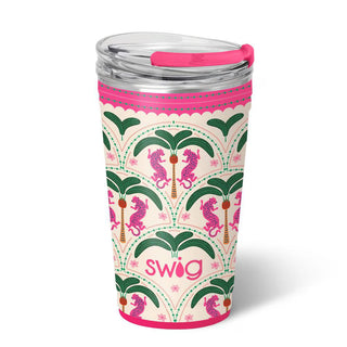 Tumbler with pink and green design featuring palm trees and seahorses, with 'Swig' branding.