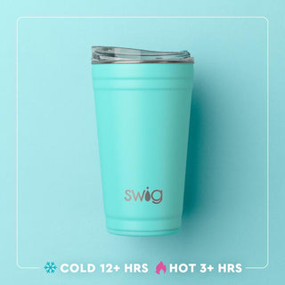 Turquoise tumbler with 'swig' logo on a light blue background