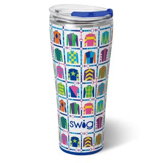 Colorful tumbler with geometric pattern and 'swig' branding on a white background