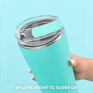 Turquoise tumbler with a spill-resistant EZ slider lid on a light blue background