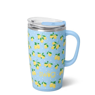 Blue mug with lemon pattern and 'swig' branding on a white background