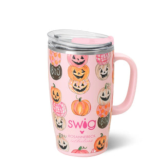 A pink travel tumbler with a Halloween pumpkin pattern, featuring the Swig logo and Rosanne Beck Collection branding, complete with a clear lid and pink handle.