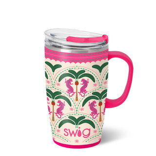 Travel mug with pink handle and palm tree design on a white background
