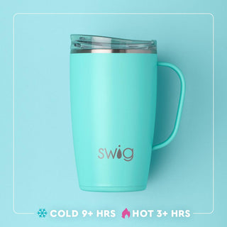 Turquoise mug with 'Swig' branding on a light blue background