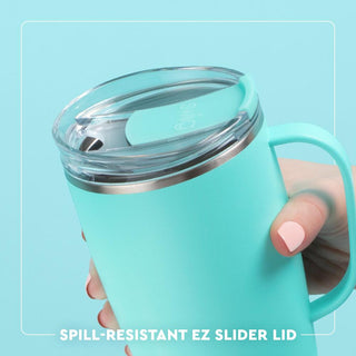 Turquoise tumbler with a spill-resistant EZ slider lid on a light blue background