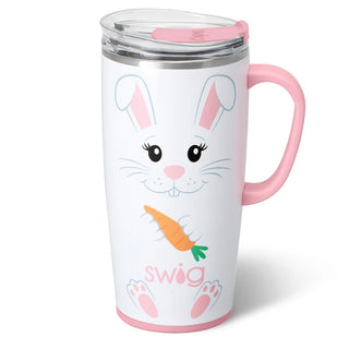 Travel mug with bunny design and pink handle on a white background