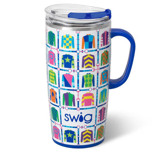 Colorful mug with pattern and 'Swig' branding on a white background