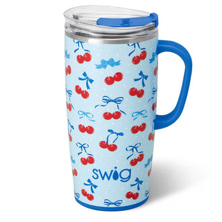 Travel Swig mug featuring cherries tied with a blue bow on a light blue background