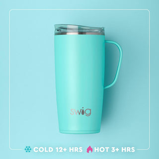Turquoise mug with 'swig' logo on a light blue background