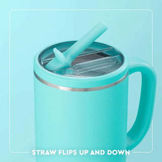 Turquoise mug with a straw on a light blue background