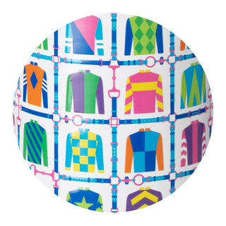 Colorful patterned helmet cover with equestrian-themed design on a white background