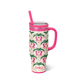 Tumbler with pink handle and straw featuring a seahorse and palm tree pattern on a white background.