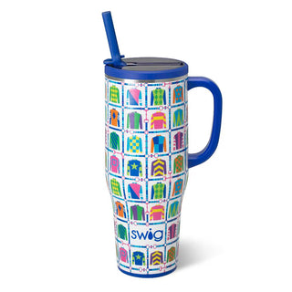 Colorful mug with geometric pattern and 'Swig' branding on a white background