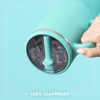 Turquoise water bottle with a hand holding it, featuring a '100% Leakproof' label on a light blue background.