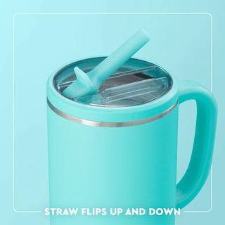 Turquoise mug with a straw on a light blue background