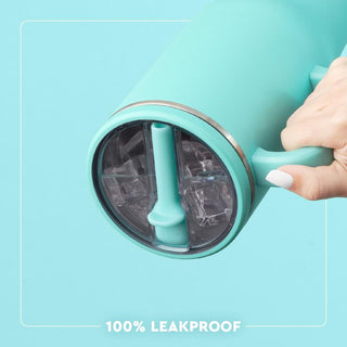 Turquoise water bottle with a hand holding it, featuring a '100% Leakproof' label on a light blue background.