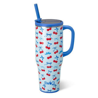 Tumbler with cherry and bow pattern on a white background