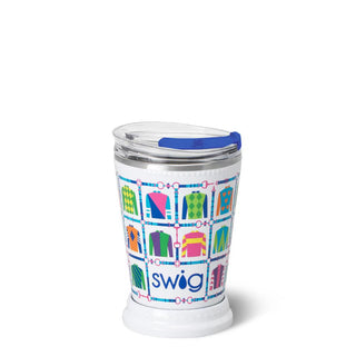 White tumbler with colorful geometric pattern and 'swig' branding on a white background