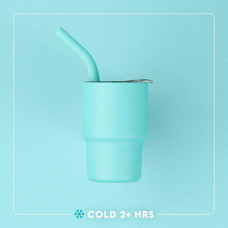 Turquoise tumbler with a straw on a light blue background