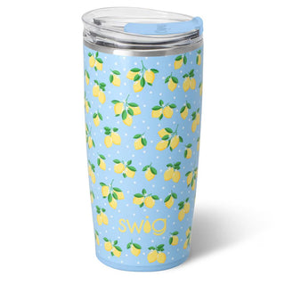 Tumbler with lemon pattern and 'swig' branding on a light blue background