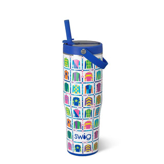 Colorful patterned tumbler with blue lid and handle on a white background