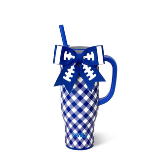 A royal blue and white gingham handled tumbler with a blue handle and straw, decorated with a blue and white football-themed bow on the handle, and the word 'COUS' printed near the bottom.