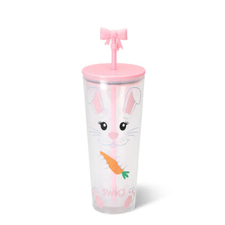 Tumbler with a bunny design and pink lid on a white background