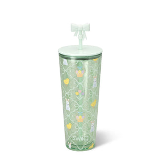 Green tumbler with a lid featuring illustrations on a white background