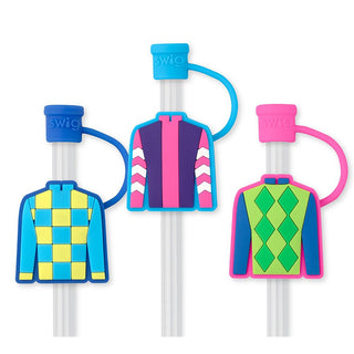 Colorful straw covers shaped like jockey silks on a white background