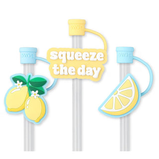 Straw set with lemon-themed designs and 'squeeze the day' text on a white background
