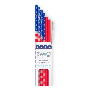 Set of Swig Life reusable straws with a patriotic design on a white background