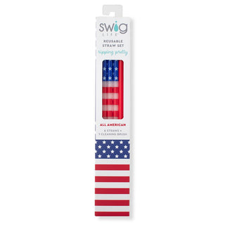 Swig Life reusable straw set packaging with American flag design on a white background