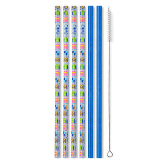 Set of colorful straws and a cleaning brush on a white background