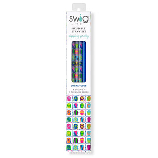 Swig Life reusable straw set packaging with colorful designs on a white background