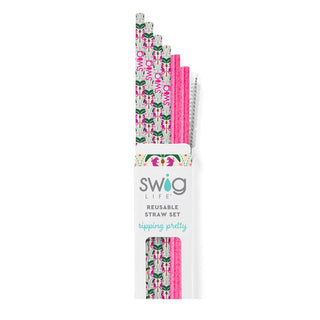 Pink reusable straw set with cleaning brush