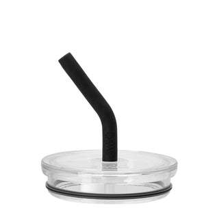 Clear lid with black silicone straw on a white background