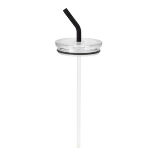 Clear plastic cup with a black straw on a white background